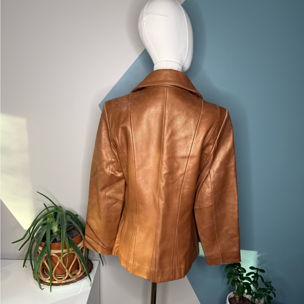 Jones New York Cognac Leather Jacket M Fitted Y2K Zip Tailored Caramel Blazer - Picture 6 of 14